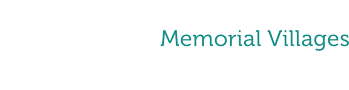 Text "memorial villages" in teal, written in a simple, modern font on a white background, specializing in pet rehabilitation.