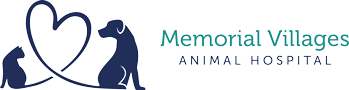 Logo of Memorial Villages Animal Hospital. Features silhouettes of a dog and a cat within a heart shape, styled in dark blue, with the hospital's name in teal and dark blue on the right.